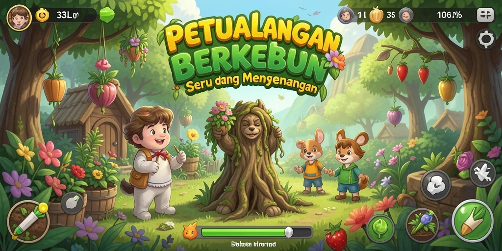 Tampilan seru dari gameplay 33L dengan aktivitas berkebun yang menyenangkan.