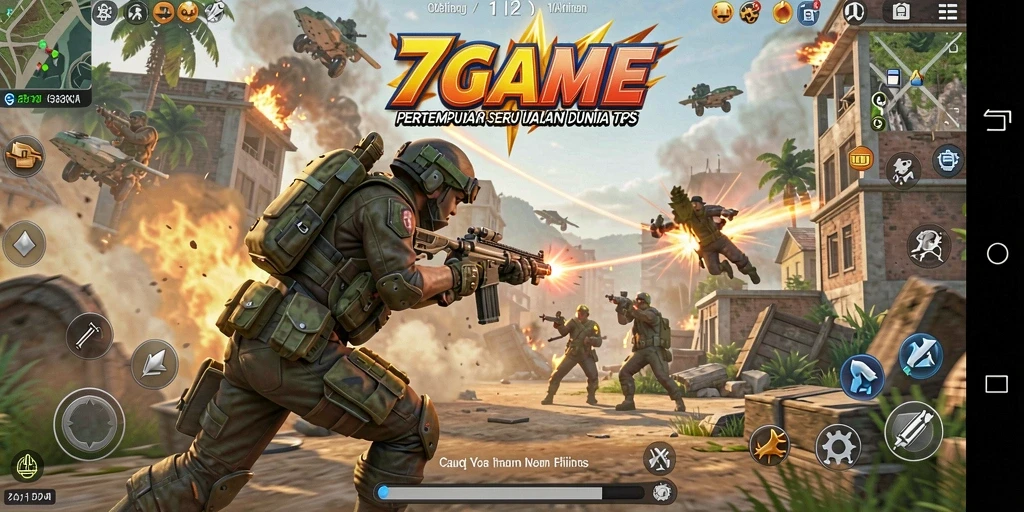 Screenshot utama 7GAME menunjukkan aksi tembak-menembak yang mendebarkan.