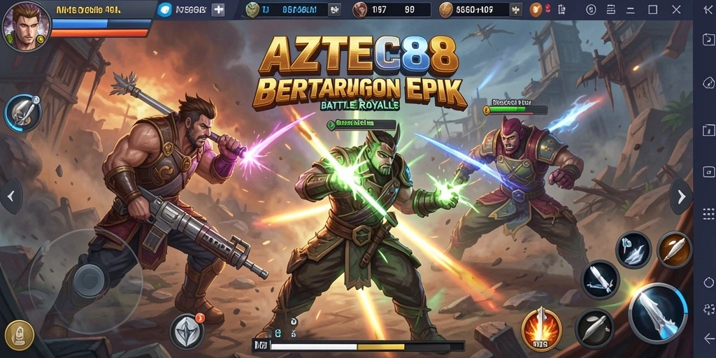 Screenshot gameplay AZTEC88 menunjukkan aksi Battle Royale yang mendebarkan.