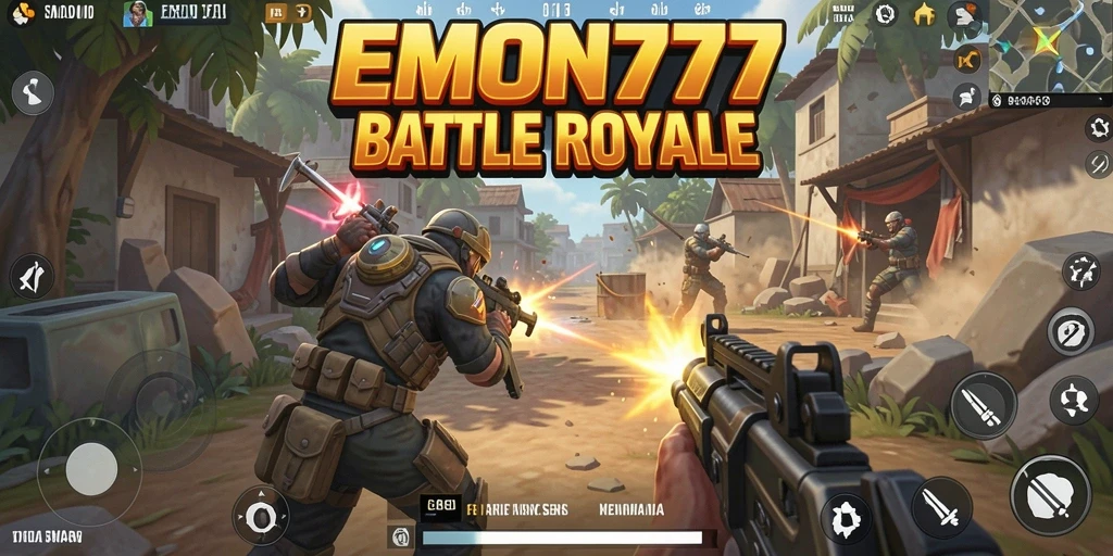 Tampilan gameplay seru di EMON777 dengan aksi Battle Royale.