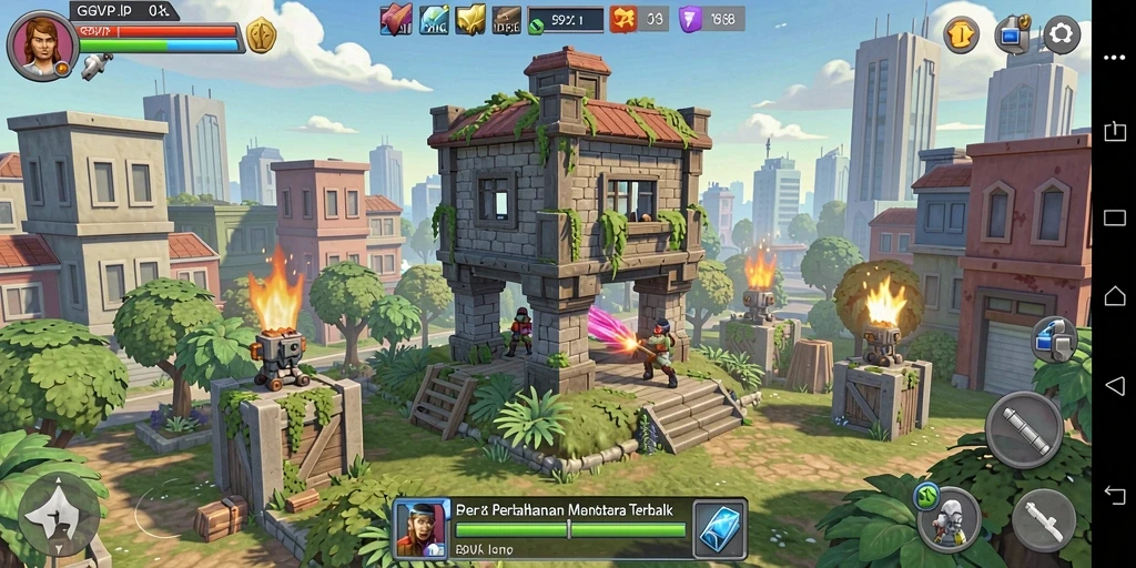 Screenshot gameplay G9VIP menampilkan aksi menara bertahan melawan gelombang musuh.