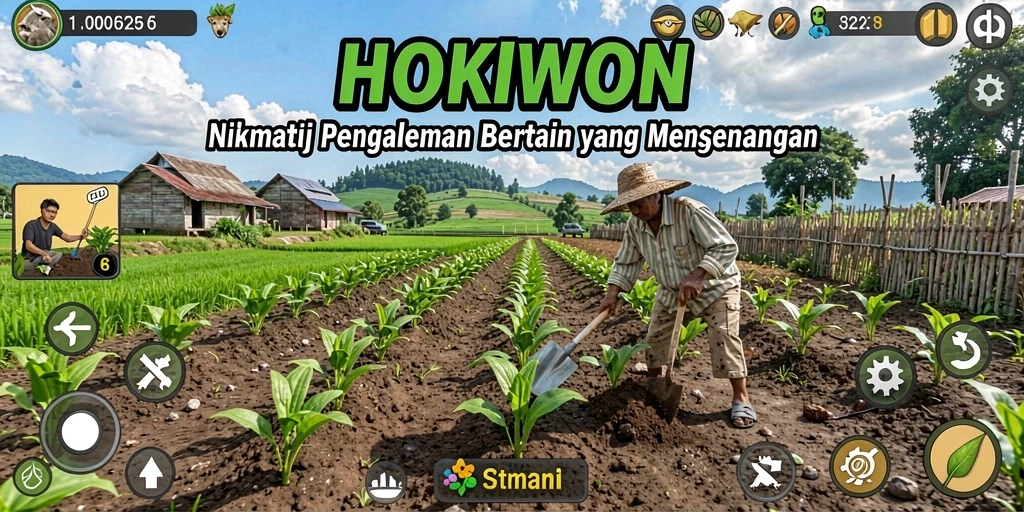 Screenshot gameplay HOKIWON yang menunjukkan pertanian yang indah.