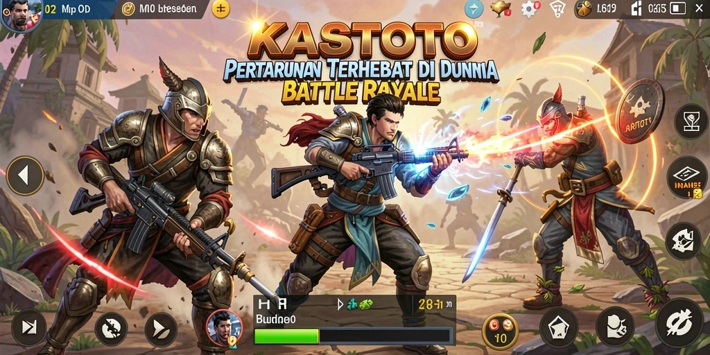Screenshot gameplay KASTOTO menampilkan pertarungan seru antar pemain di medan tempur.