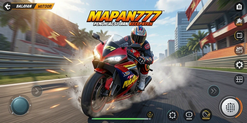 Tampilan gameplay MAPAN777 yang menunjukkan aksi balapan motor yang intens.
