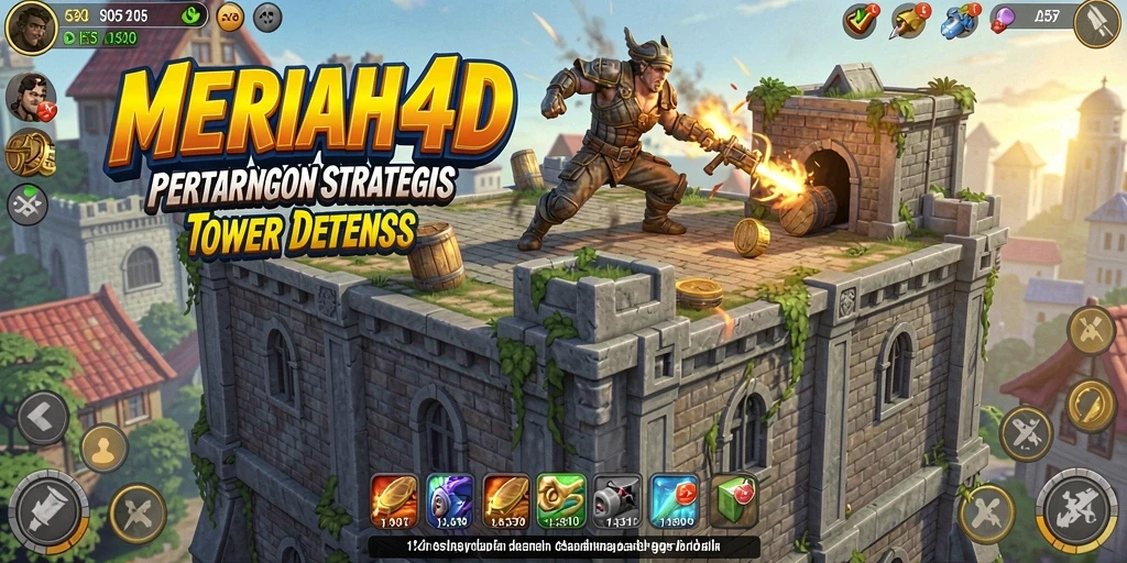 Tangkapan layar gameplay <strong>MERIAH4D</strong> menunjukkan pertarungan strategis dengan menara pertahanan yang beragam.