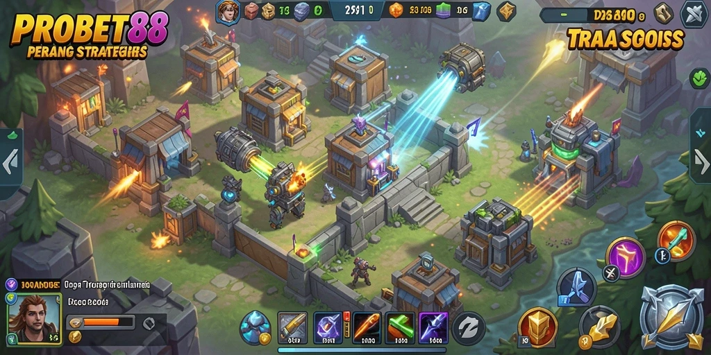 Screenshot utama PROBET88 menampilkan pertempuran strategis menara Tower Defense.
