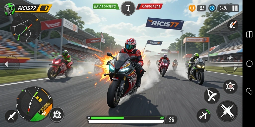 Screenshot gameplay seru RICIS77 menampilkan balapan motor yang mendebarkan.